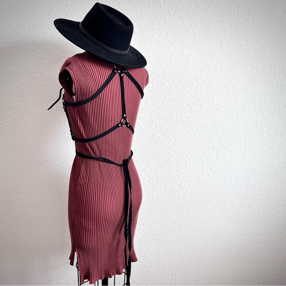 EILEEN FISHER RUSTIC MAUVE MINIMALIST ACCORDIAN CREW NECK MIDI DRESS (0224) - Picture 3 of 6